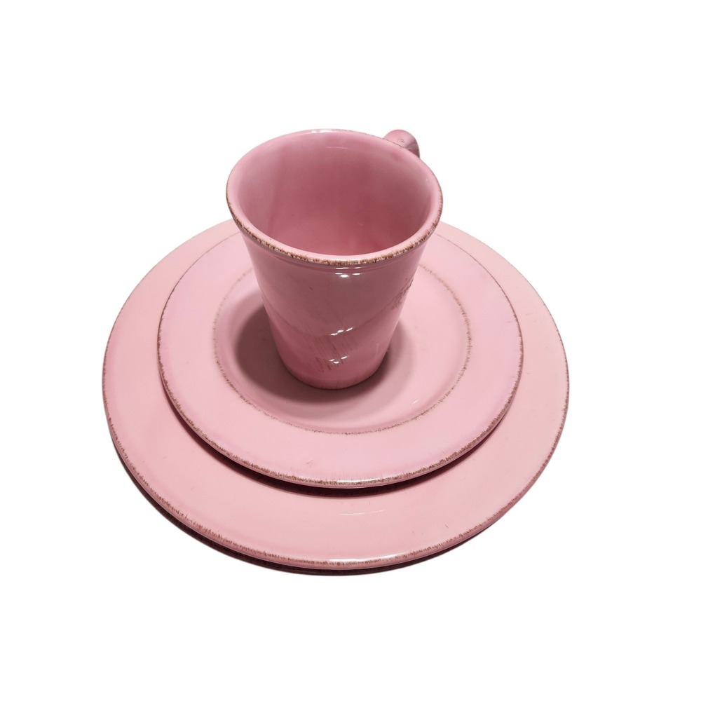 Bizzirri Italy Pink Ceramic Dinnerware Set 4pc Plates Mug Distressed Rim Tuscan